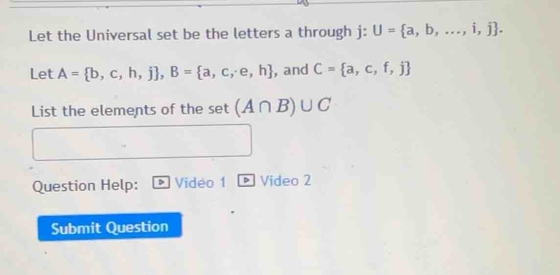 let the universal set be the letters a through j: u = {a, b, ..., i, j}…