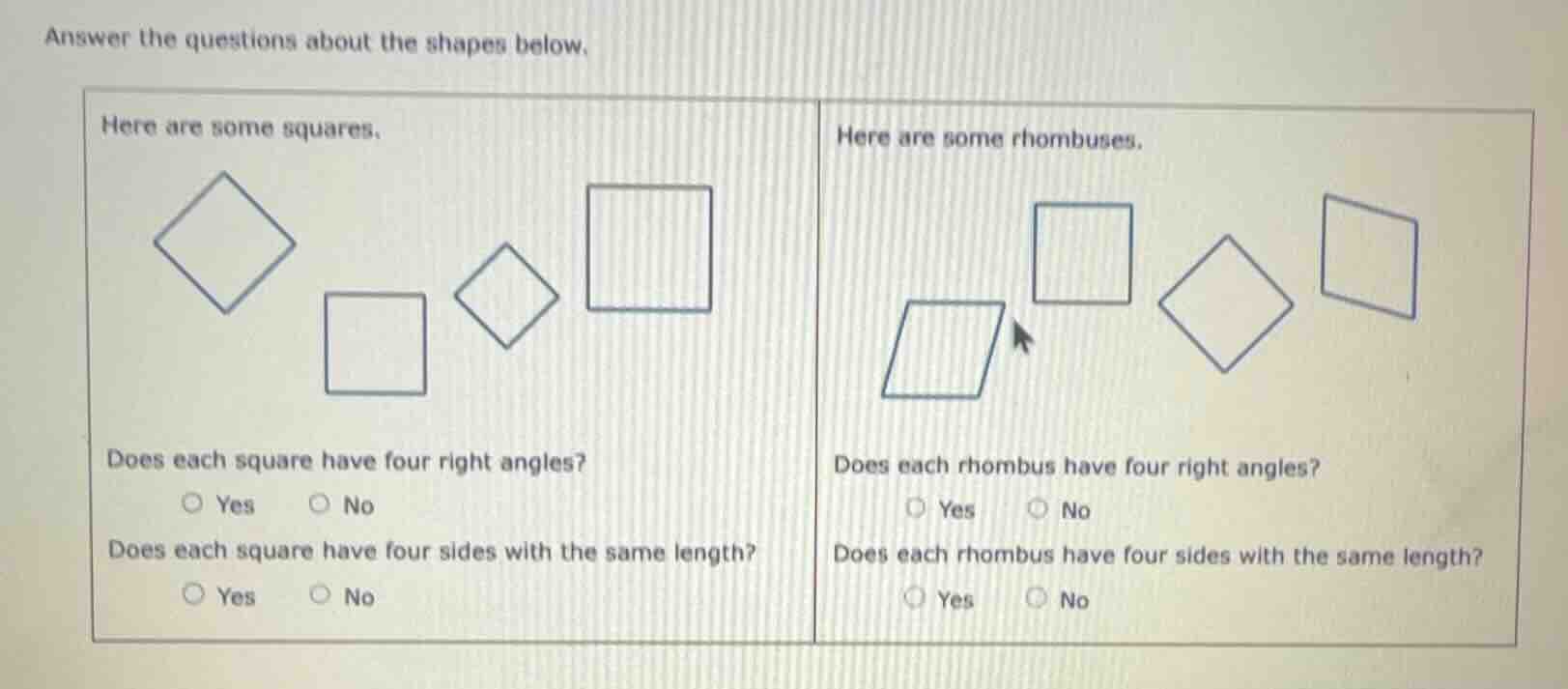 answer the questions about the shapes below. here are some squares. doe…