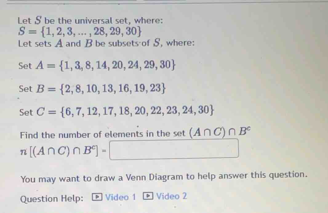 let $s$ be the universal set, where: $s = \\{1, 2, 3, ... , 28, 29, 30\…