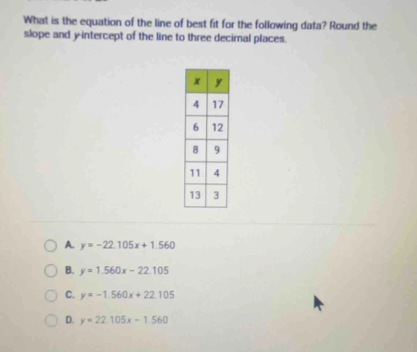 what is the equation of the line of best fit for the following data? ro…