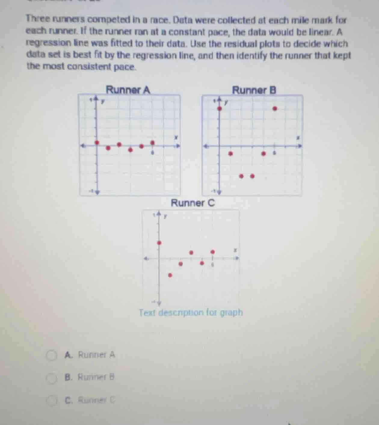 three runners competed in a race. data were collected at each mile mark…