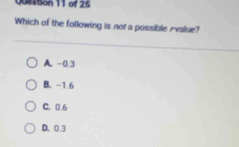 question 11 of 25 which of the following is not a possible r-value? a. …