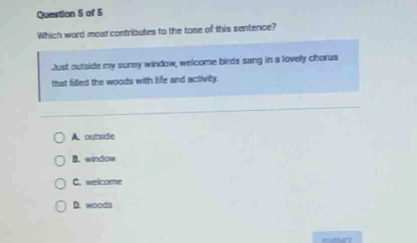 question 5 of 5 which word most contributes to the tone of this sentenc…
