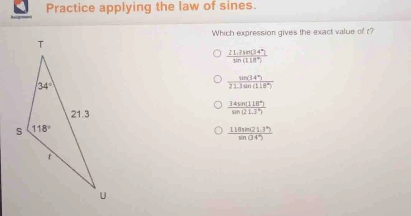 practice applying the law of sines. which expression gives the exact va…