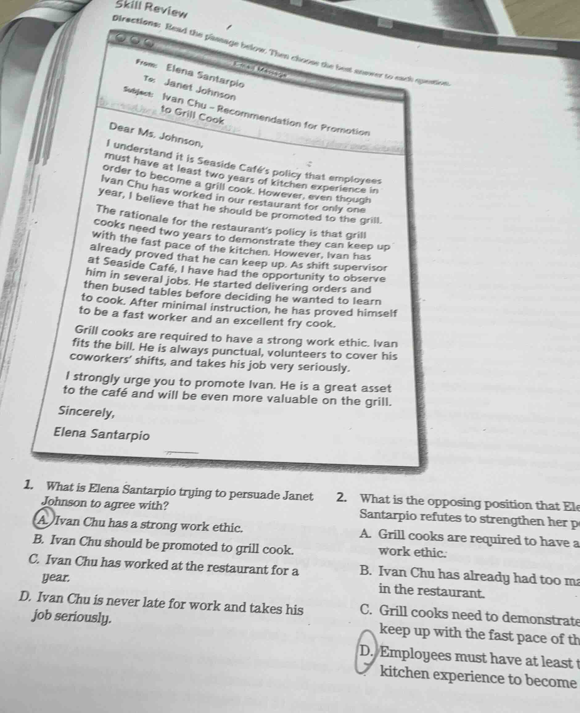 skill review directions: read the passage below. then choose the best a…