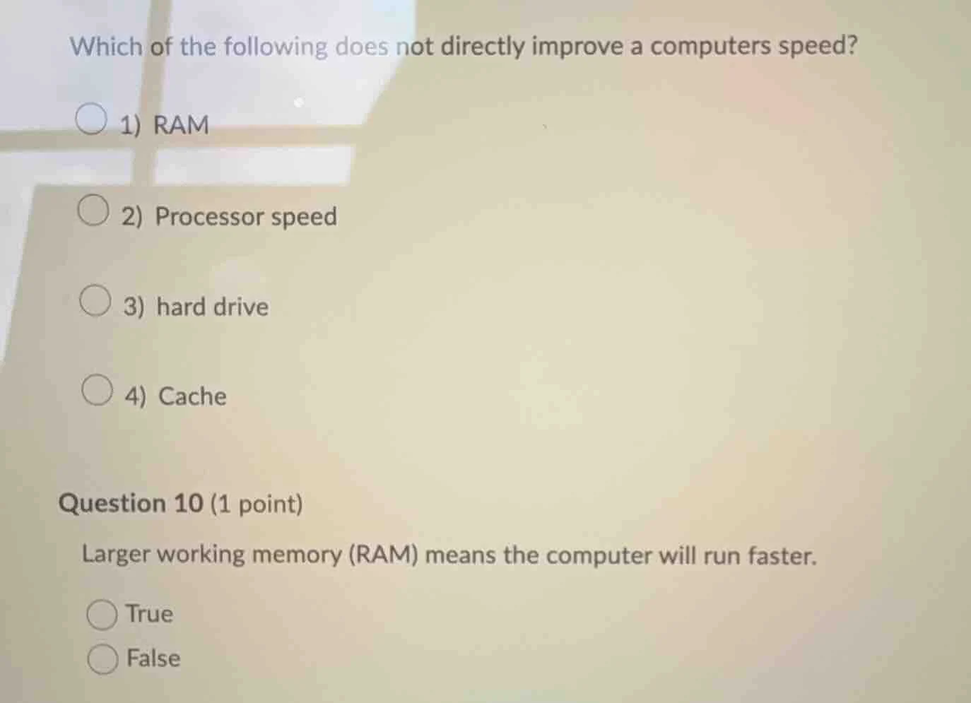 which of the following does not directly improve a computers speed? 1) …