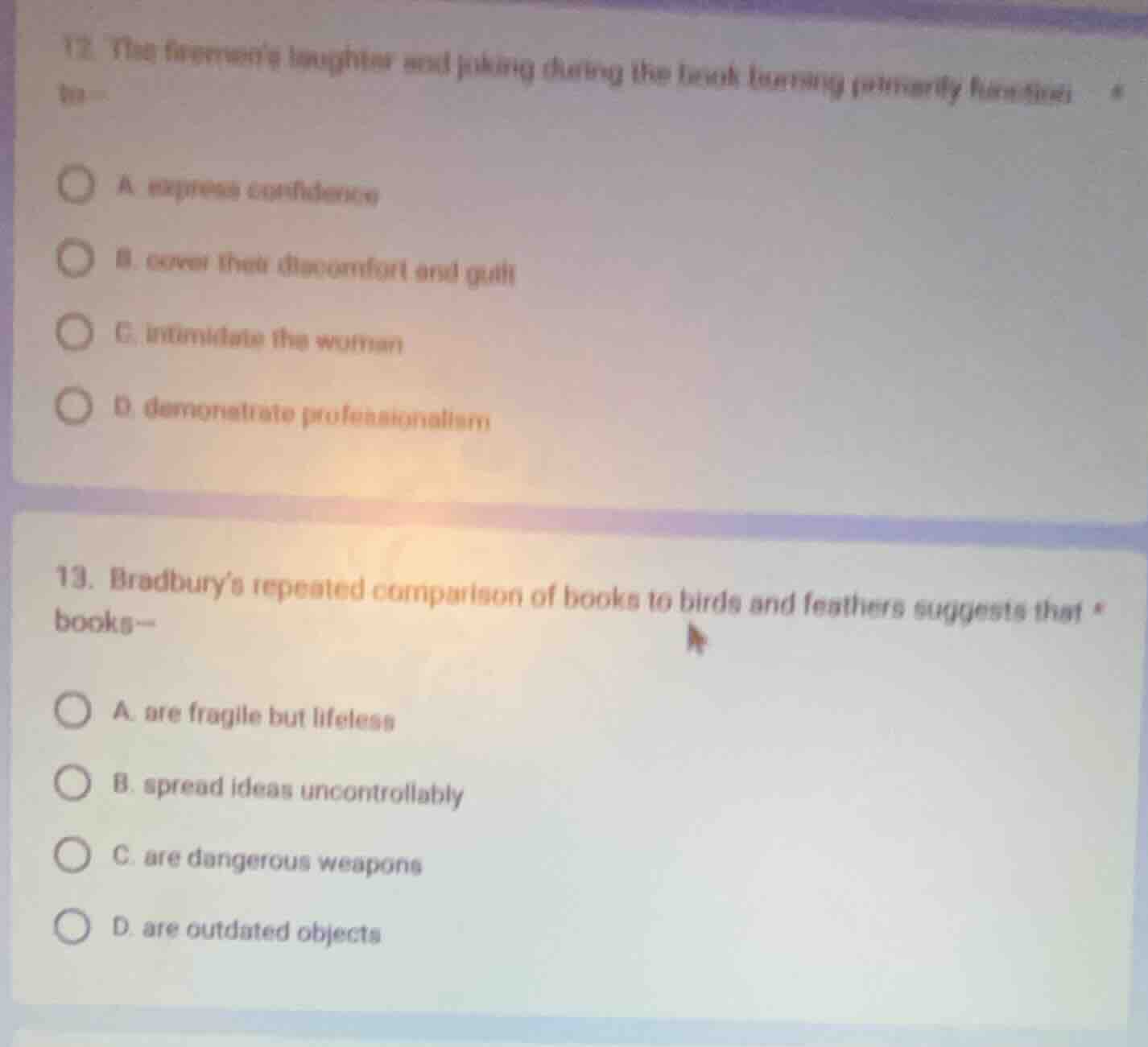 12. the firemens laughter and joking during the book burning primarily …