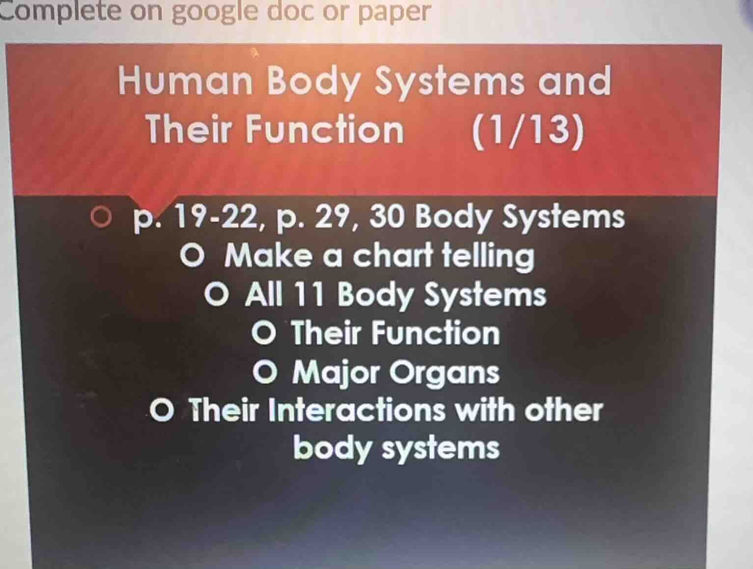 complete on google doc or paper human body systems and their function (…