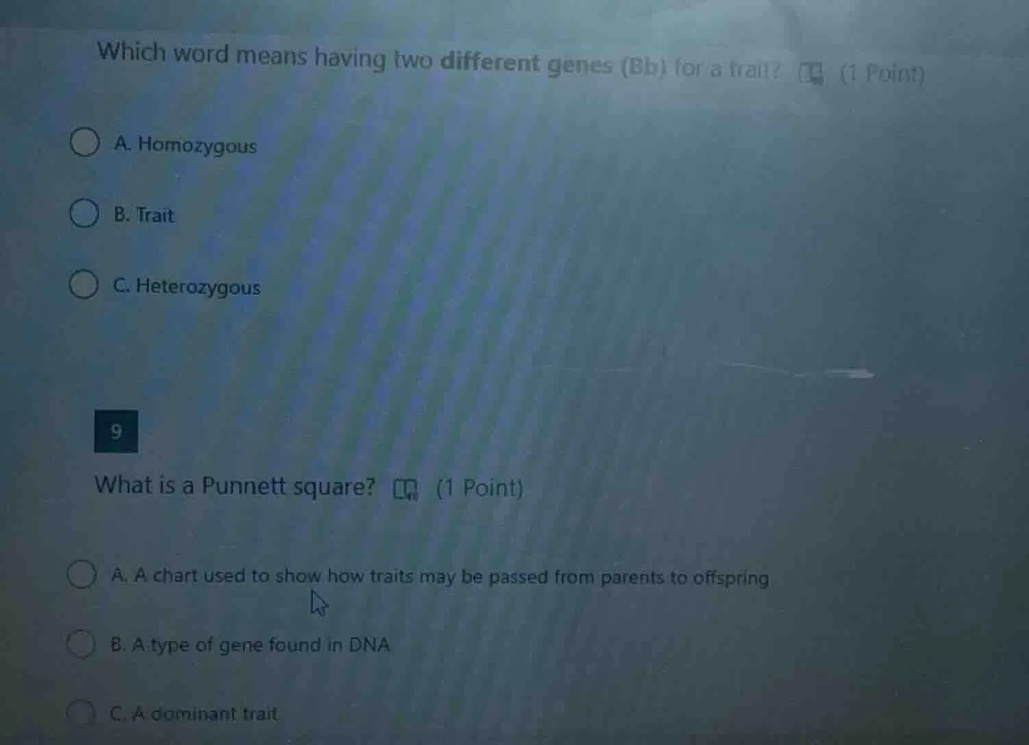 which word means having two different genes (bb) for a trait? (1 point)…