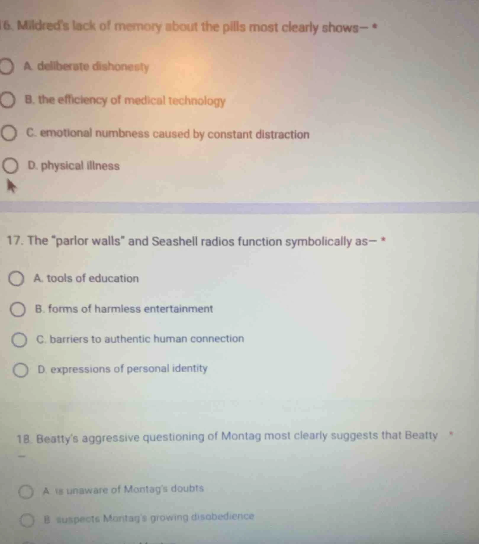16. mildreds lack of memory about the pills most clearly shows— *a. del…