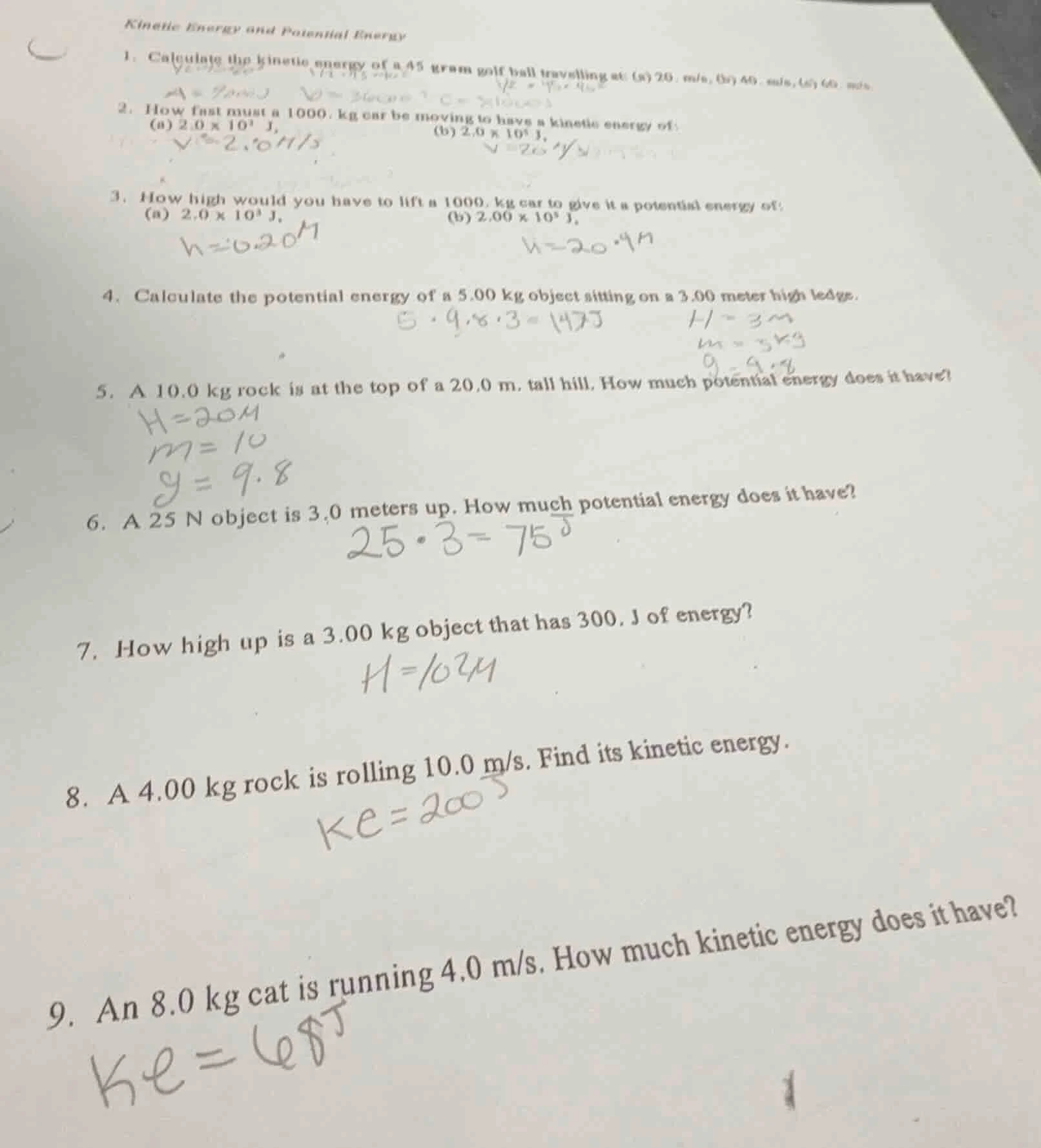 kinetic energy and potential energy 1. calculate the kinetic energy of …