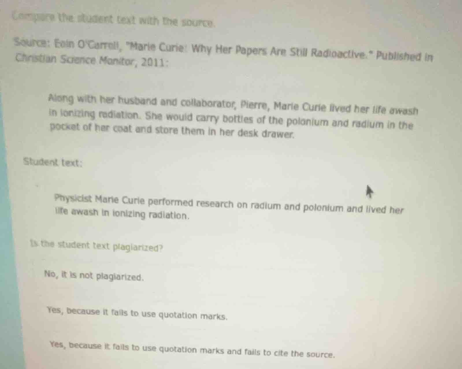 compare the student text with the source. source: eoin ocarroll, \marie…