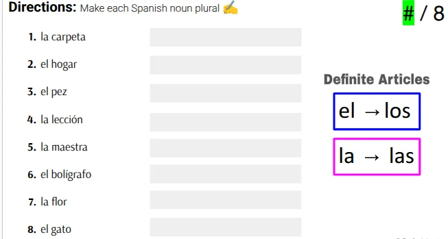 directions: make each spanish noun plural # / 8 1. la carpeta 2. el hog…