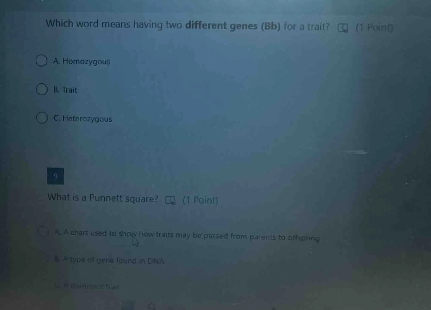 which word means having two different genes (bb) for a trait? (1 point)…