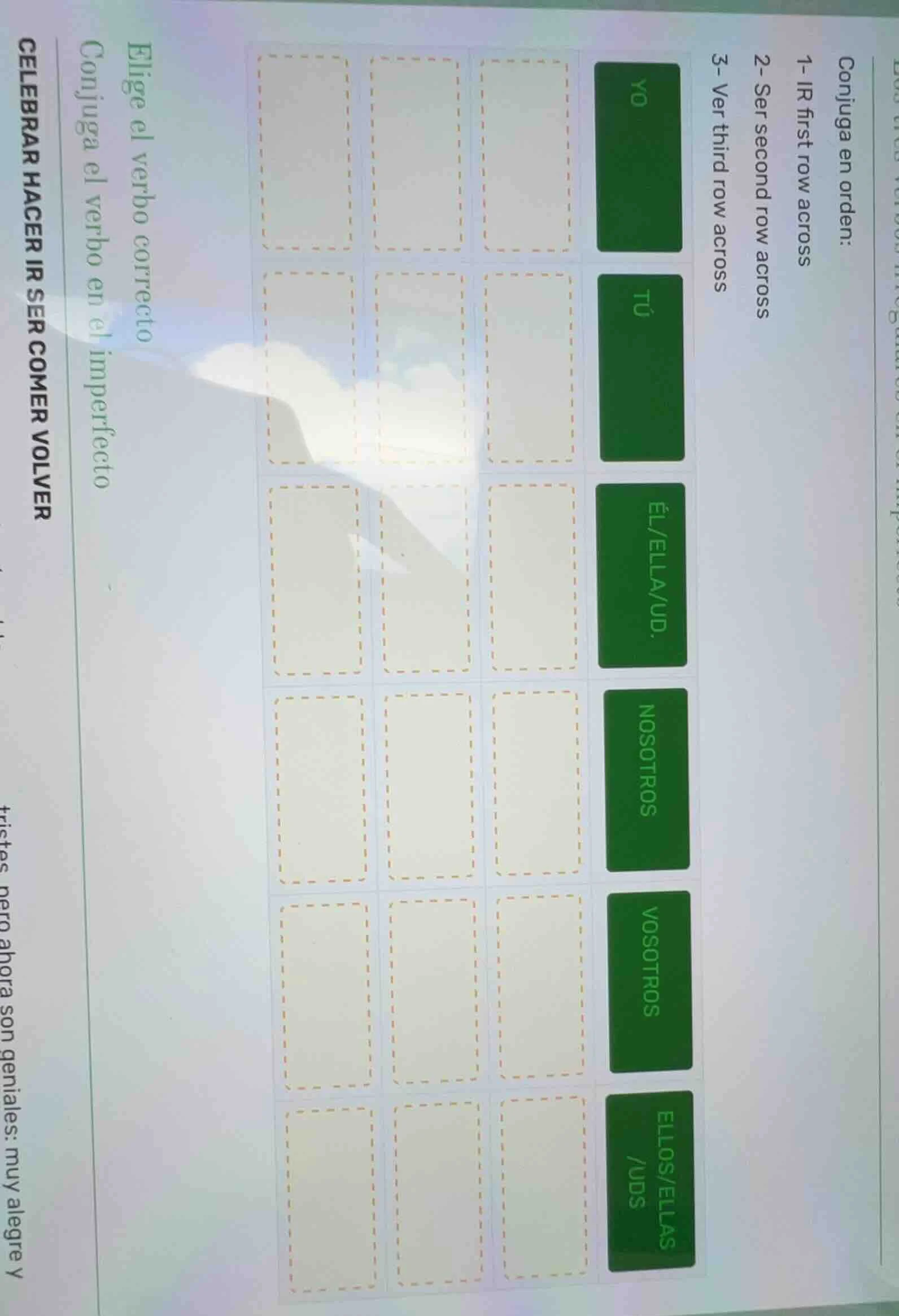 conjuga en orden:1- ir first row across2- ser second row across3- ver t…
