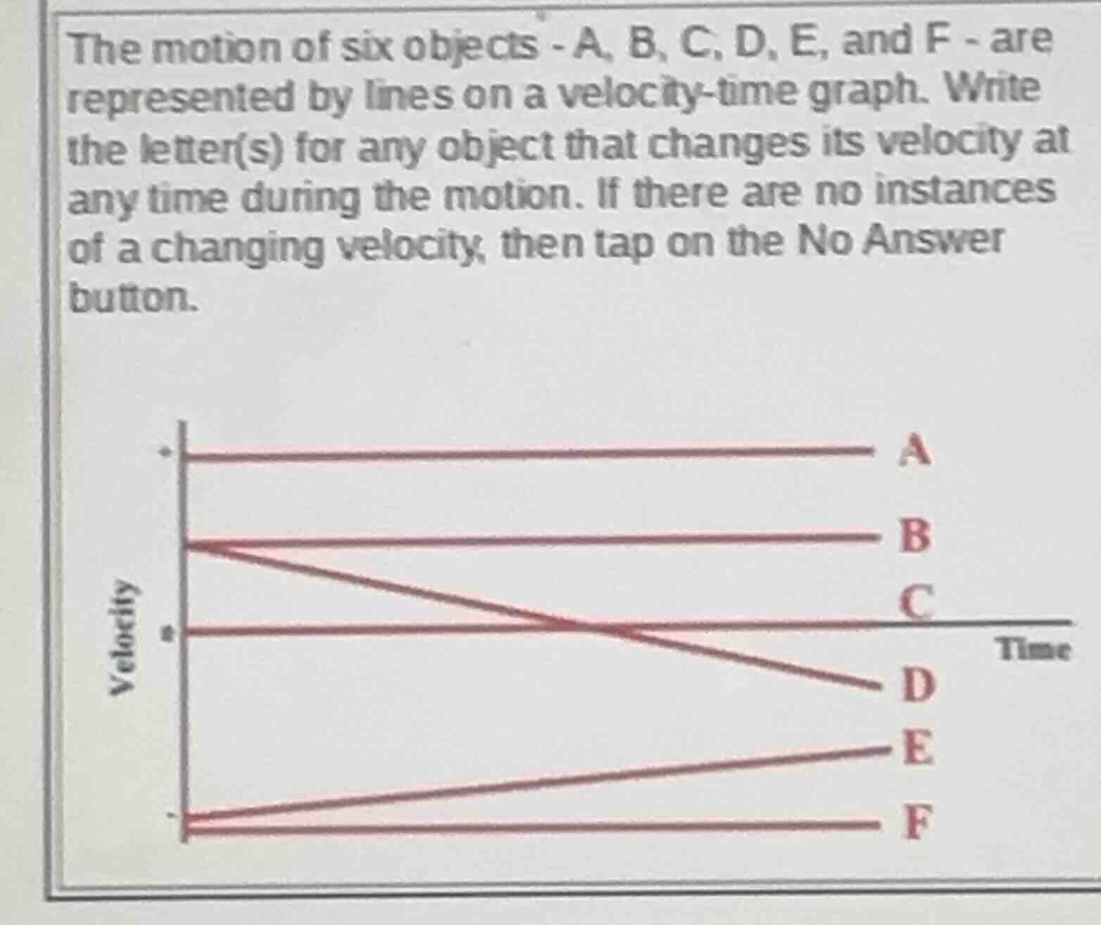 the motion of six objects - a, b, c, d, e, and f - are represented by l…