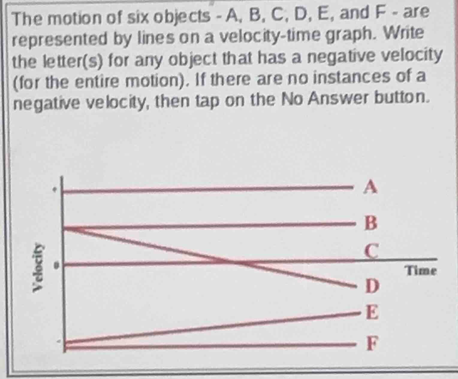the motion of six objects - a, b, c, d, e, and f - are represented by l…