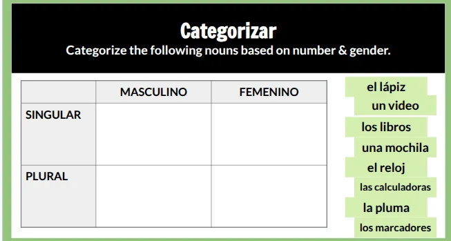 categorizar categorize the following nouns based on number & gender. ma…