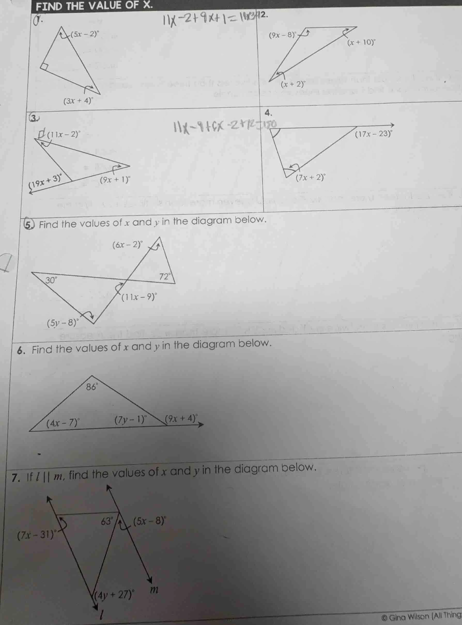 find the value of x. 1. $(5x - 2)^{circ}$ $(3x + 4)^{circ}$ $11x-2+9x+1…