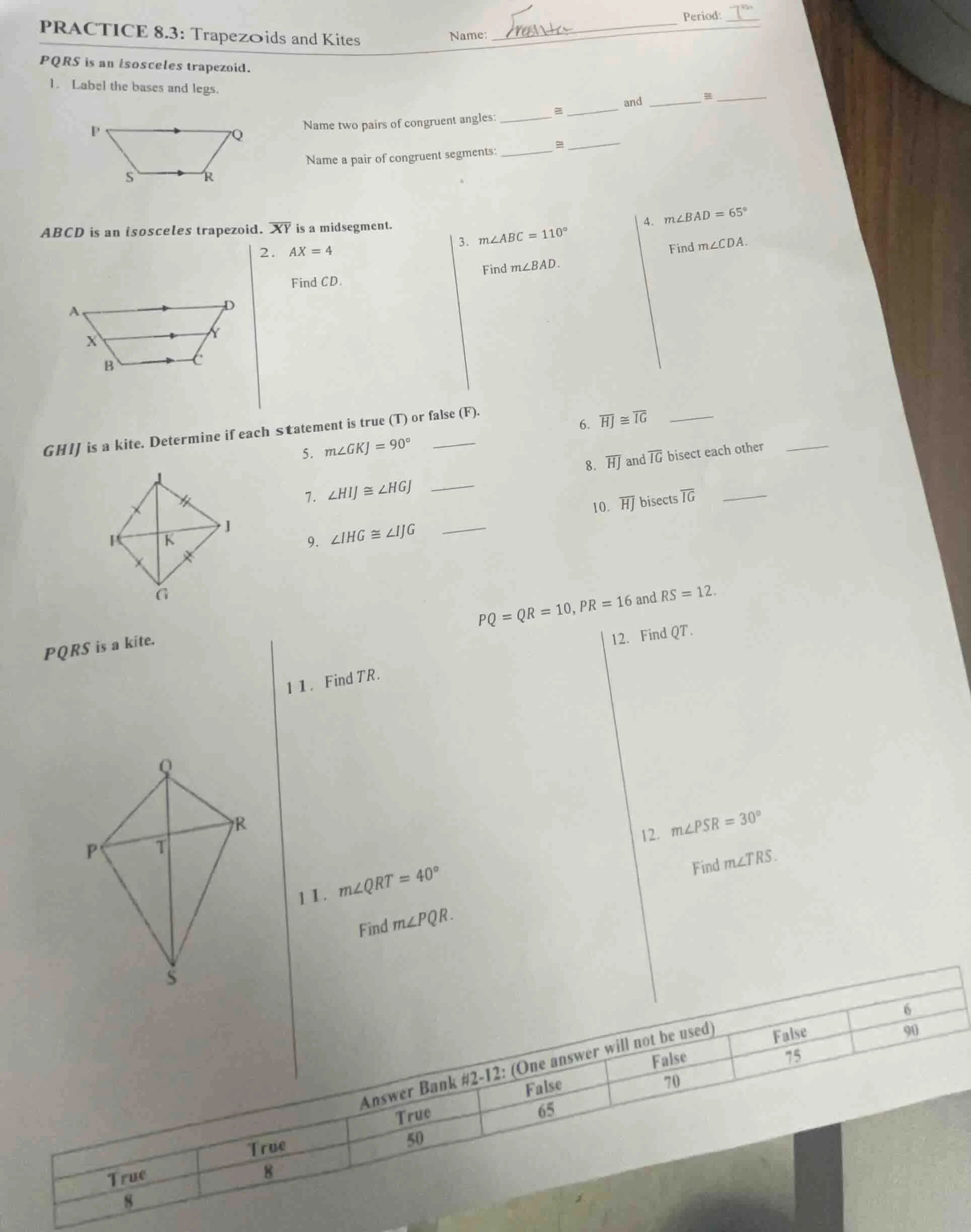 practice 8.3: trapezoids and kites name: _______________ period: ____ p…