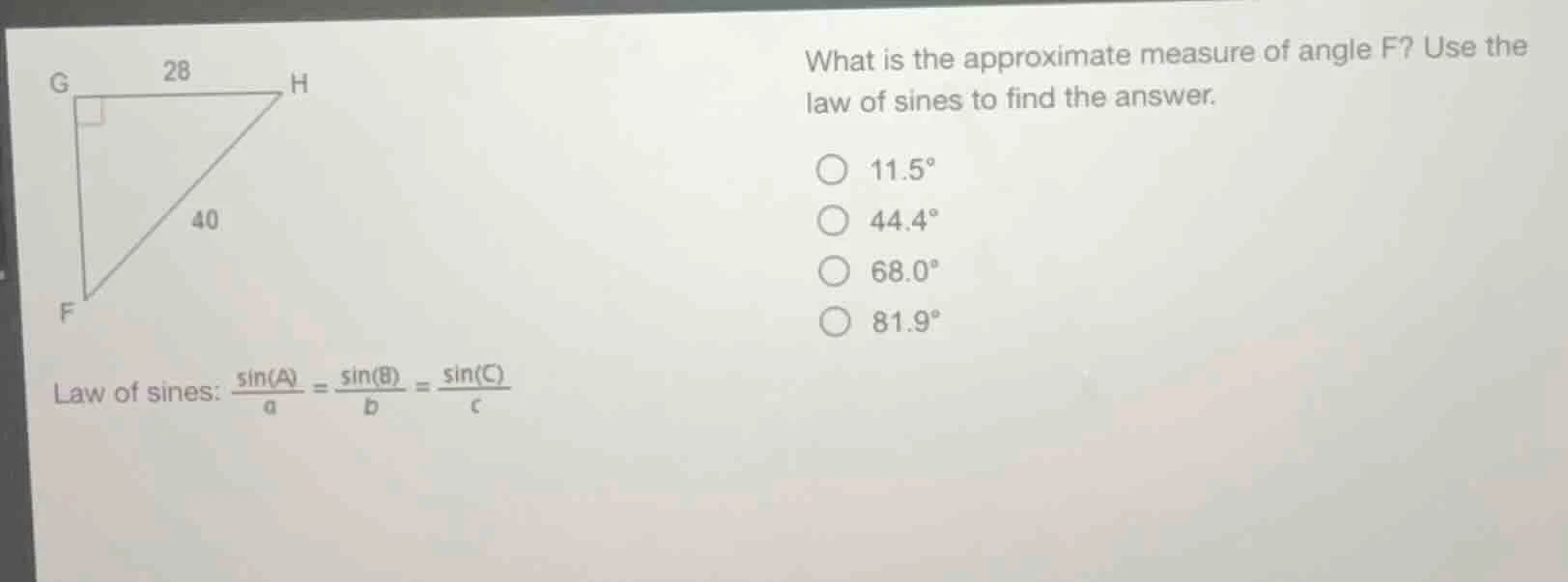 what is the approximate measure of angle f? use the law of sines to fin…