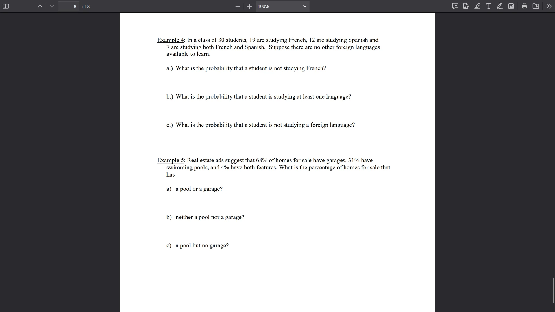 example 4: in a class of 30 students, 19 are studying french, 12 are st…