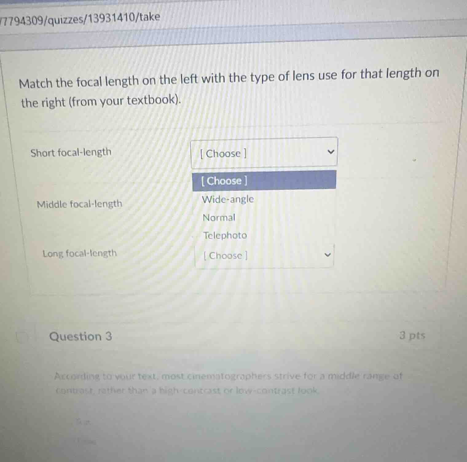 match the focal length on the left with the type of lens use for that l…