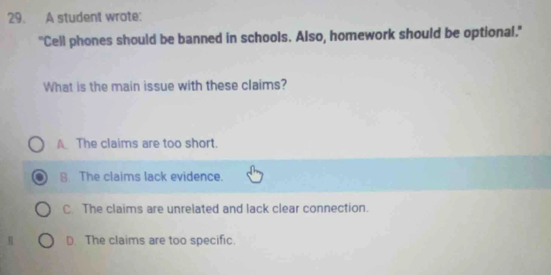29. a student wrote: \cell phones should be banned in schools. also, ho…