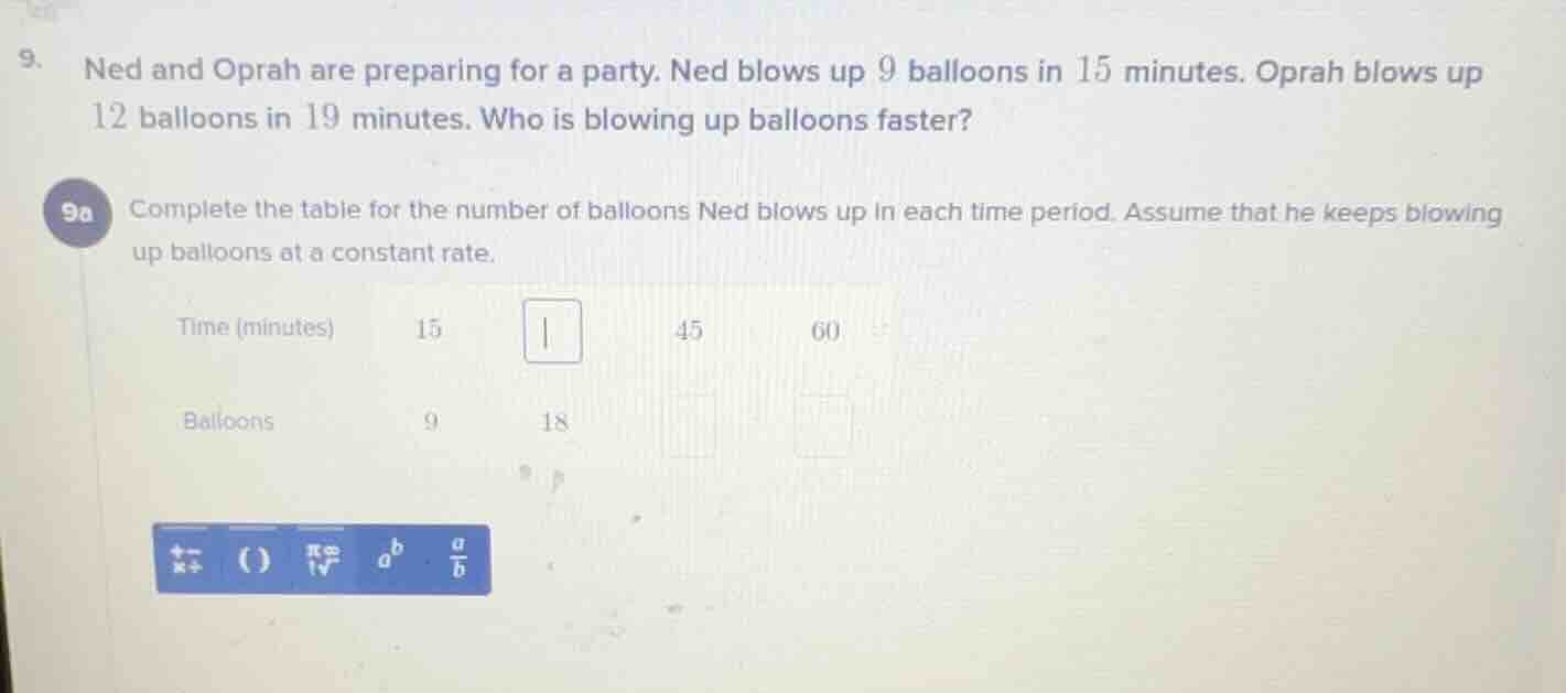 9. ned and oprah are preparing for a party. ned blows up 9 balloons in …