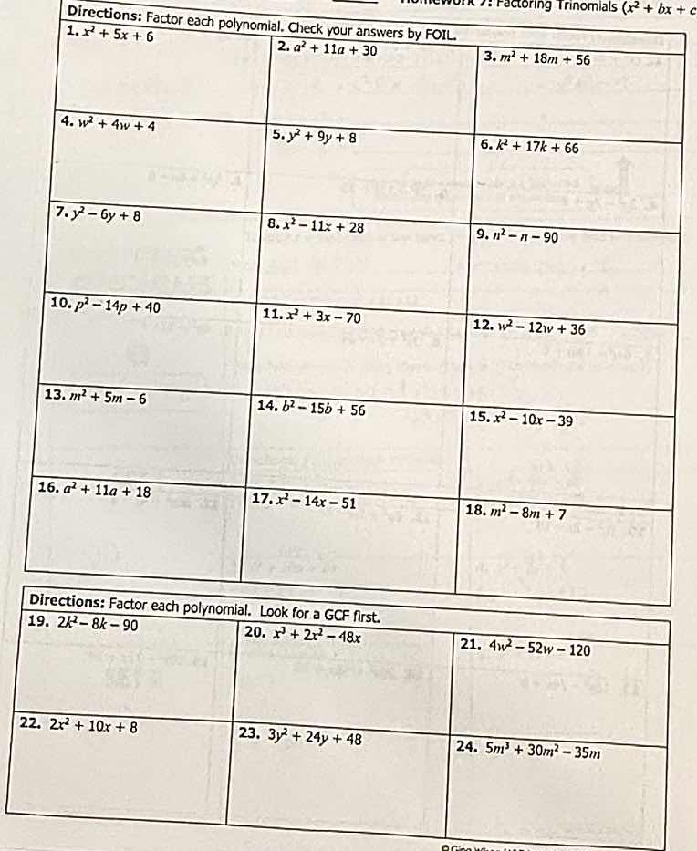 homework 7: factoring trinomials ($x^{2}+bx + c$)directions: factor eac…