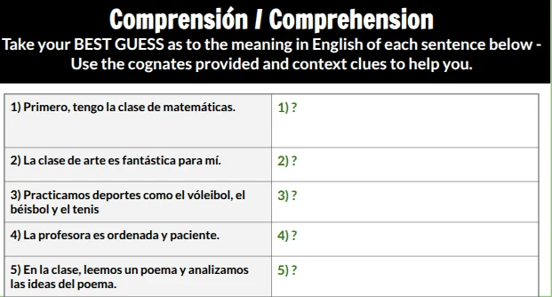 comprensión / comprehension take your best guess as to the meaning in e…