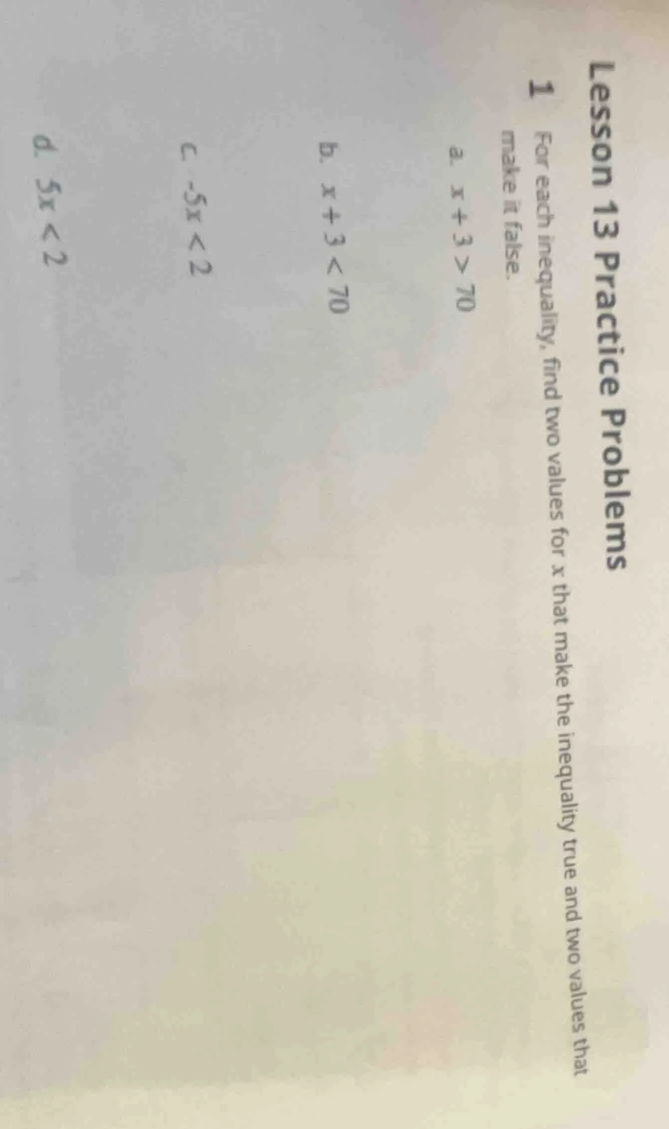 lesson 13 practice problems 1 for each inequality, find two values for …