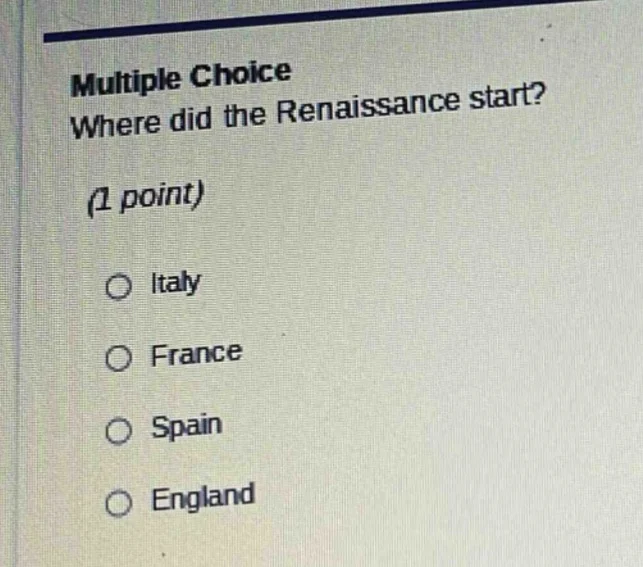 multiple choice where did the renaissance start? (1 point) italy france…