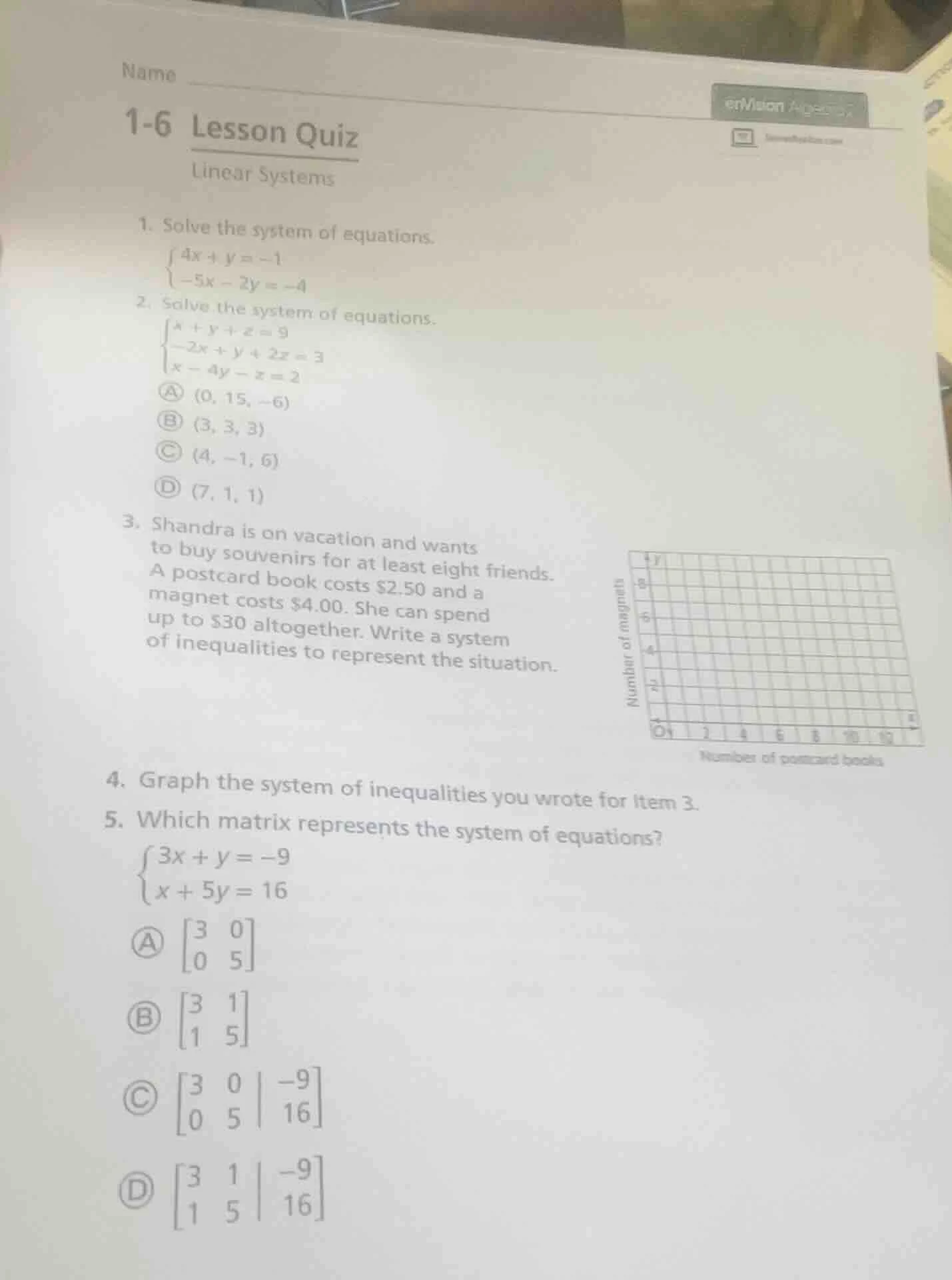 name1-6 lesson quizlinear systems1. solve the system of equations.$\beg…