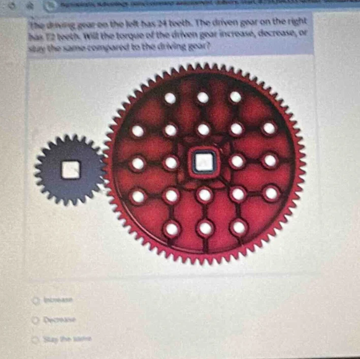 the driving gear on the left has 24 teeth. the driven gear on the right…