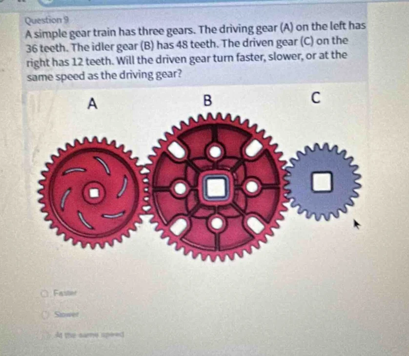 question 9 a simple gear train has three gears. the driving gear (a) on…