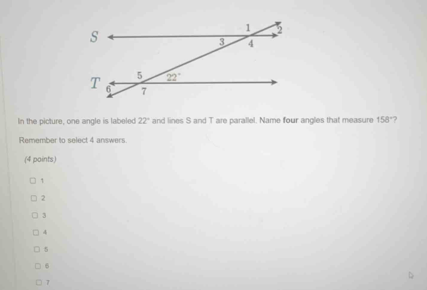in the picture, one angle is labeled $22^\\circ$ and lines s and t are …