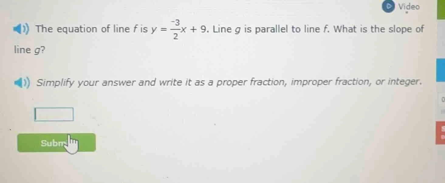 the equation of line $f$ is $y = \\frac{-3}{2}x + 9$. line $g$ is paral…