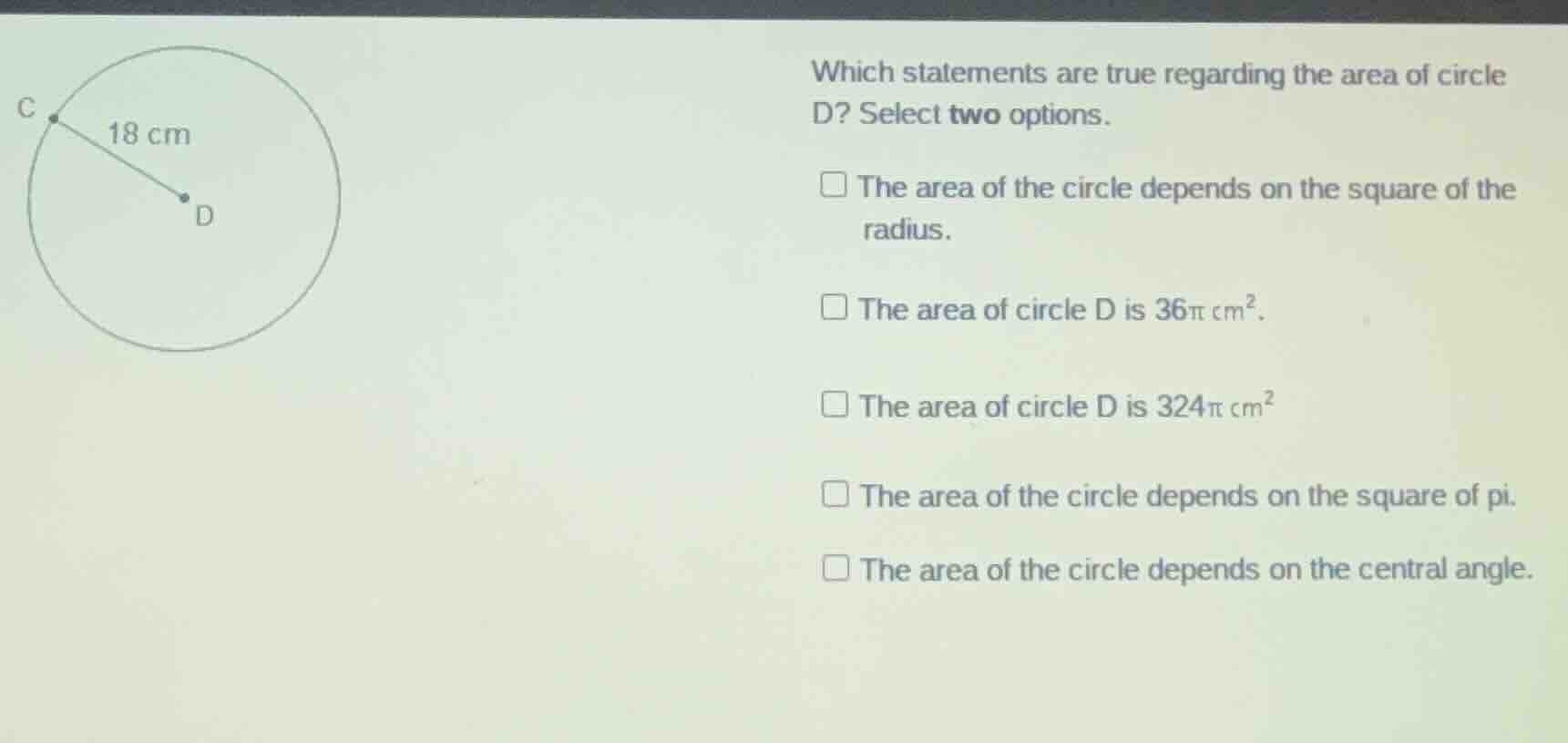 which statements are true regarding the area of circle d? select two op…