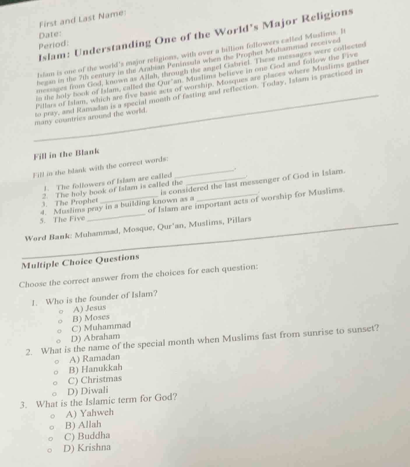 first and last name:date:period:islam: understanding one of the worlds …