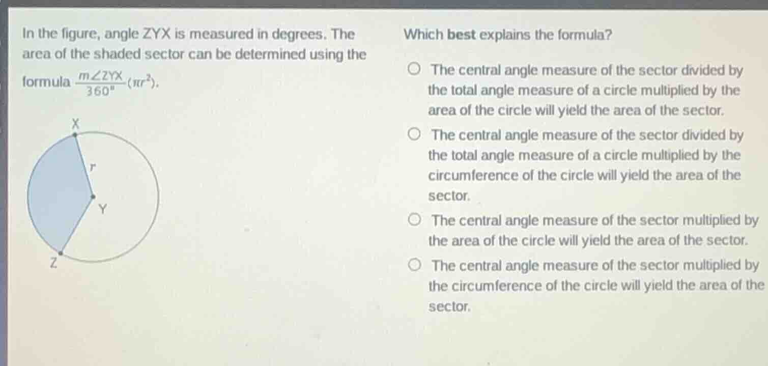 in the figure, angle zyx is measured in degrees. the area of the shaded…
