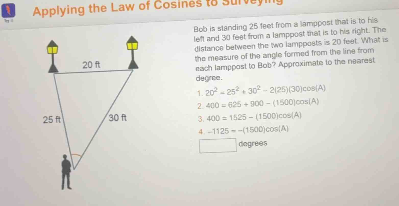 applying the law of cosines to surveying bob is standing 25 feet from a…