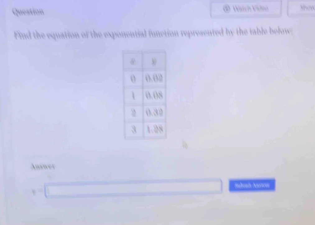 question find the equation of the exponential function represented by t…