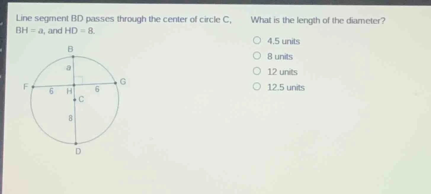 line segment bd passes through the center of circle c, bh = a, and hd =…