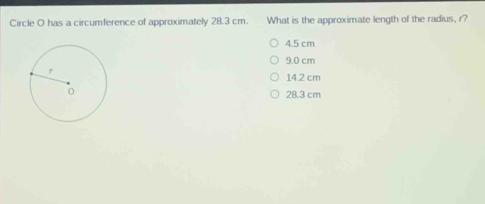 circle o has a circumference of approximately 28.3 cm. what is the appr…