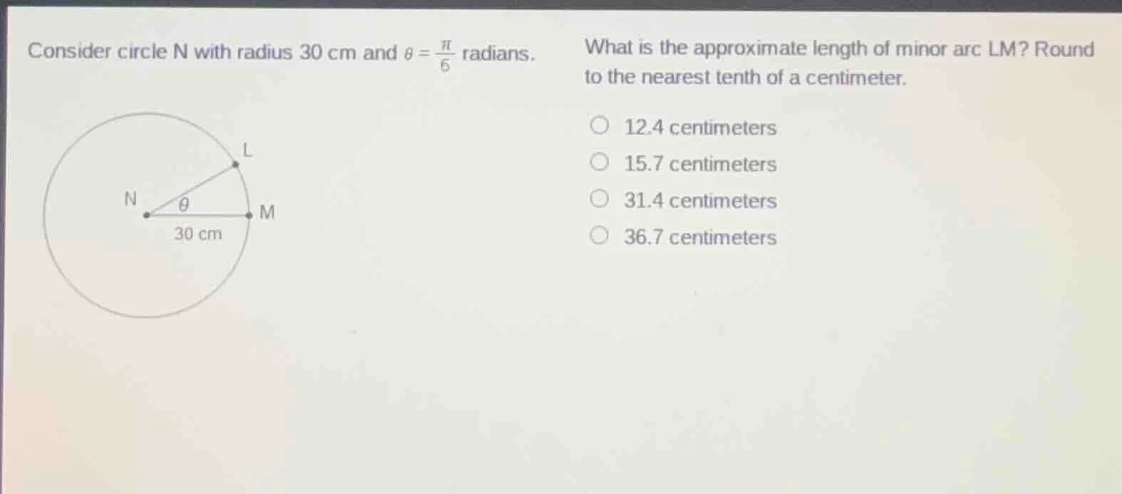 consider circle n with radius 30 cm and $\theta = \frac{pi}{6}$ radians…