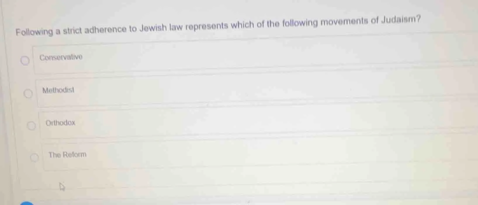 following a strict adherence to jewish law represents which of the foll…