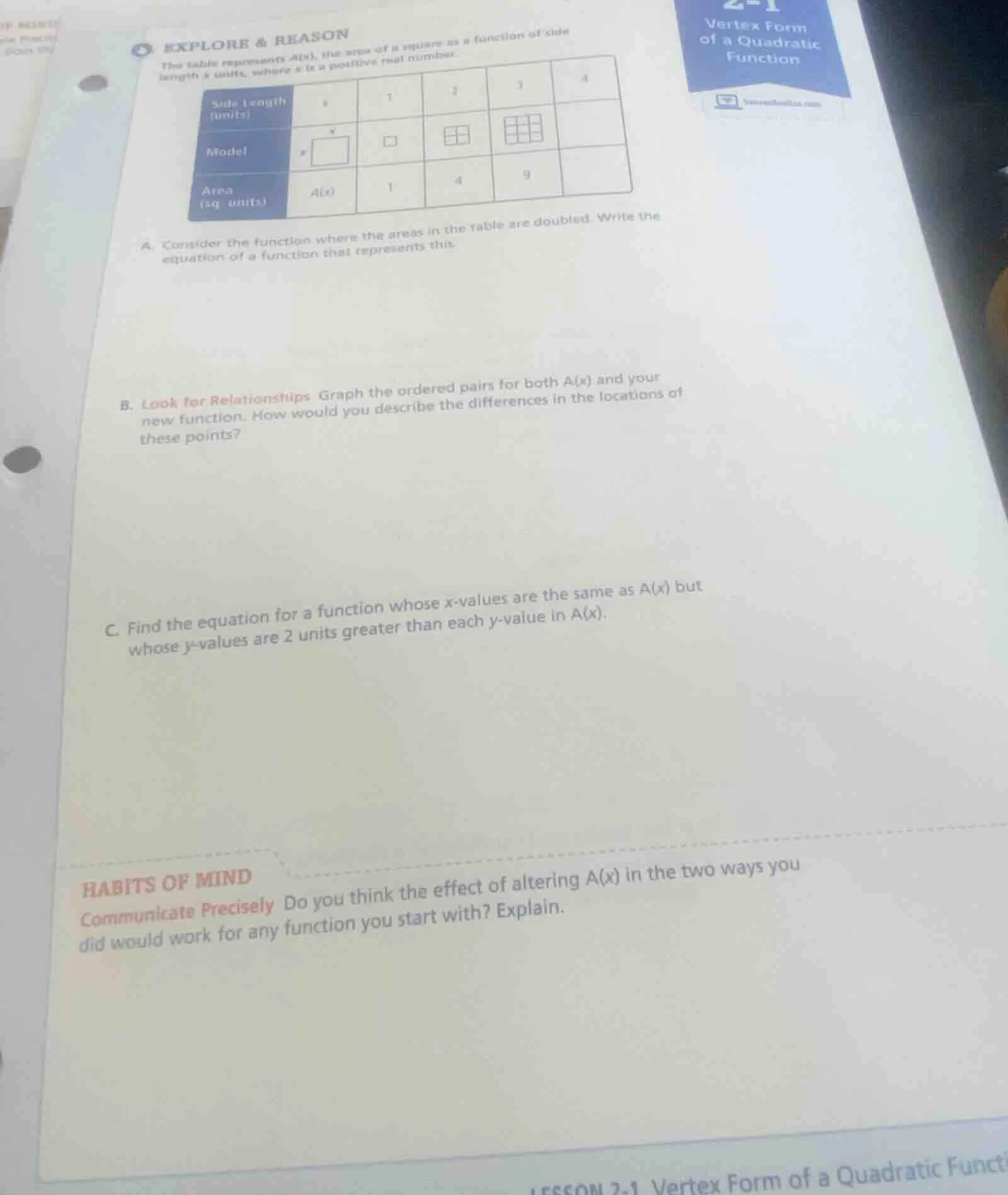 explore & reason the table represents a(x), the area of a square as a f…