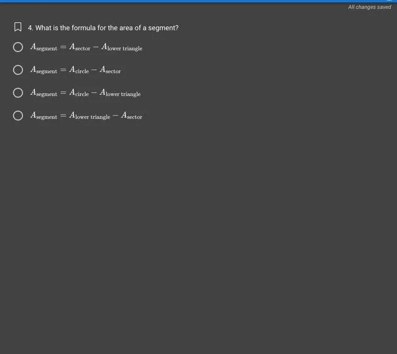 4. what is the formula for the area of a segment? $a_{segment}=a_{secto…