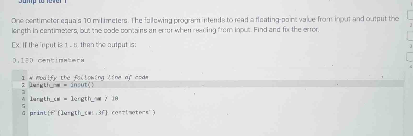 one centimeter equals 10 millimeters. the following program intends to …